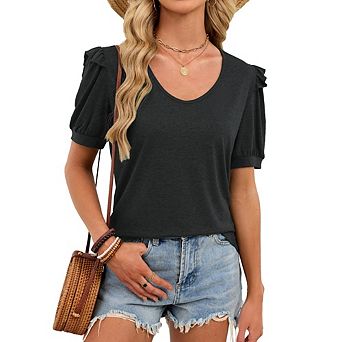 Womens Casual T-Shirt Crew Neck Puff Short Sleeve Ruffled Shoulder Relaxed Fit Soft Cute Daily Top