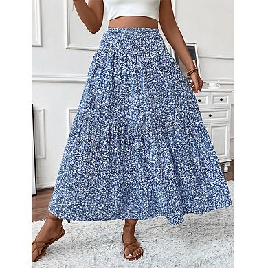 Women's High Waist Floral Print Smocked Tiered Ruffle Elegant Maxi Skirts