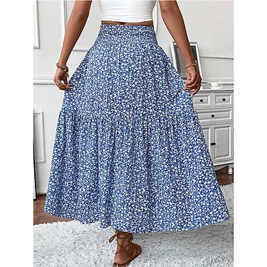 Women's High Waist Floral Print Smocked Tiered Ruffle Elegant Maxi Skirts