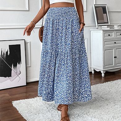 Women's High Waist Floral Print Smocked Tiered Ruffle Elegant Maxi Skirts