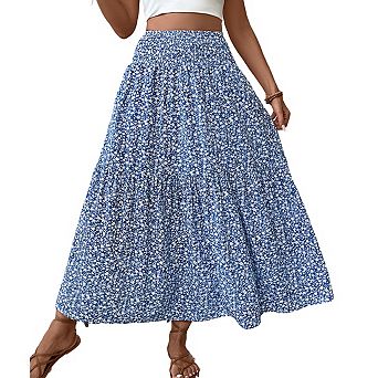 Women's High Waist Floral Print Smocked Tiered Ruffle Elegant Maxi Skirts