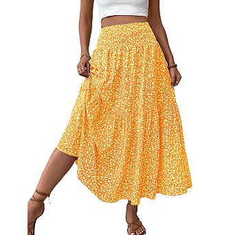 Women's High Waist Floral Print Smocked Tiered Ruffle Elegant Maxi Skirts