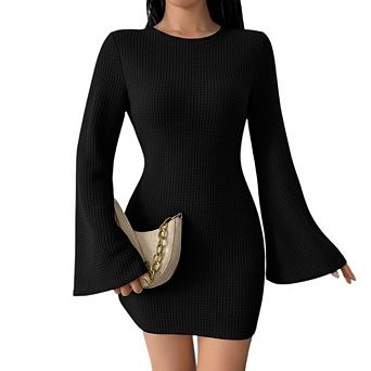 Women's Waffle Knit Bodycon Mini Dress Y2K Crew Neck Flared Long Sleeve Slim Fit Casual Party Dress