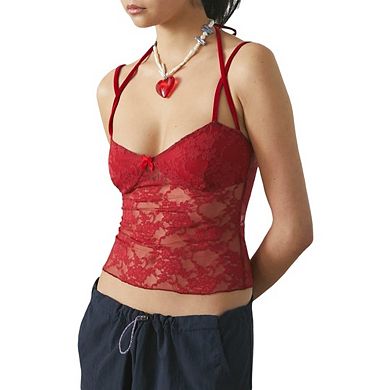 Women Lace Tank Top Mesh See Through Backless Cami Y2k Going Out Top