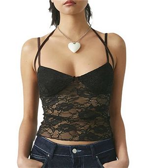 Women Lace Tank Top Mesh See Through Backless Cami Y2k Going Out Top