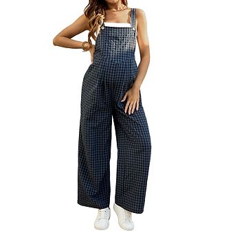 Women's Maternity Overalls Gingham Print Sleeveless Wide Leg Y2K Pregnancy Jumpsuits