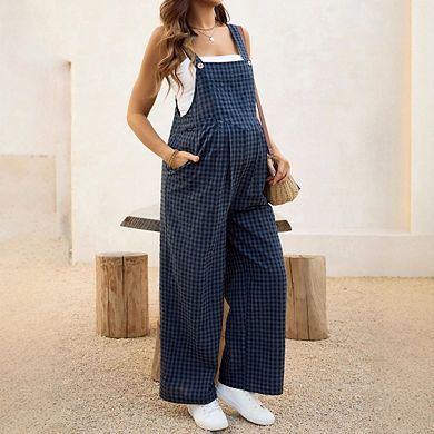 Women's Maternity Overalls Gingham Print Sleeveless Wide Leg Y2K Pregnancy Jumpsuits