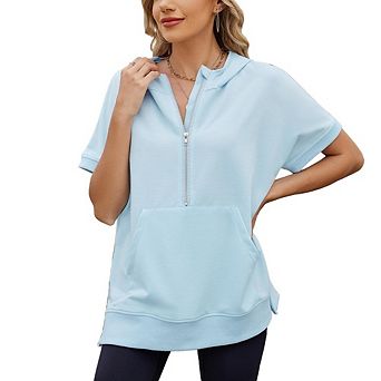 Women's Casual Hoodie Half Zip Short Sleeve Hooded Kangaroo Pocket Work Office Summer Sweatshirt