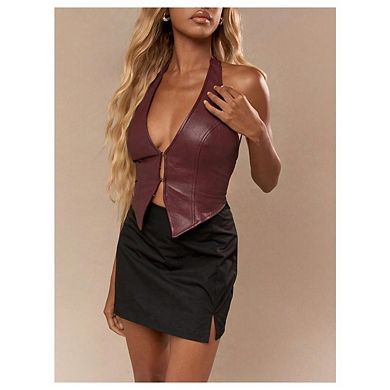 Women's Y2K PU Leather Halter Neck Hook Eye Backless Asymmetrical Party Crop Tank Top