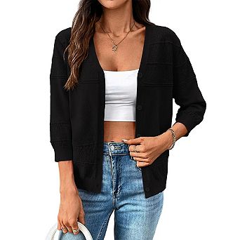 Womens Lightweight Cropped Cardigan 3/4 Sleeve Button up Thin Bolero Crochet Knit Shrug Sweater