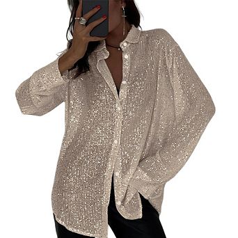 Womens Sequins Long Sleeve Collared Shirt Button Down Open Front Shirt Loose Blouses Shirts Tops