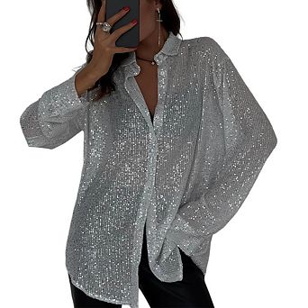 Womens Sequins Long Sleeve Collared Shirt Button Down Open Front Shirt Loose Blouses Shirts Tops