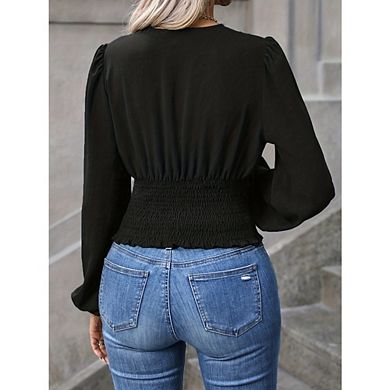 Womens Causal Office Blouse V Neck Long Puffed Sleeves Ruch Waist for Work Evening Events