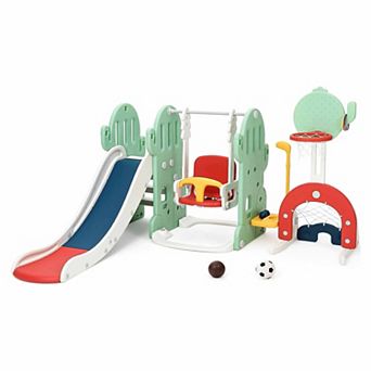 7 in 1 Toddler Slide and Swing Set with Slipping Slope Basketball Hoop Soccer Golf Ring Toss Game