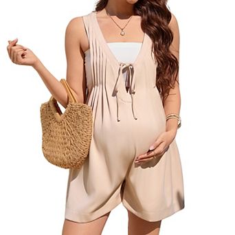 Women's Maternity Romper Sleeveless V Neck Tie Front Pleated Casual Short Jumpsuit