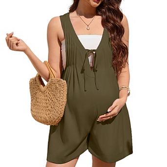 Women's Maternity Romper Sleeveless V Neck Tie Front Pleated Casual Short Jumpsuit