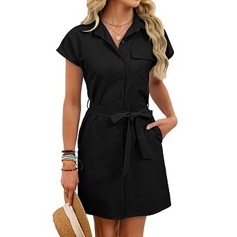 Women's Casual Dressy Shirt Dress Polo Neck Short Sleeve Button Down Mini Dress for Work Office