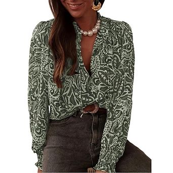Women's Causal Boho Blouse V Neck Long Sleeve Ruffle Cuff Crop Top Paisley Print Shirt for Work