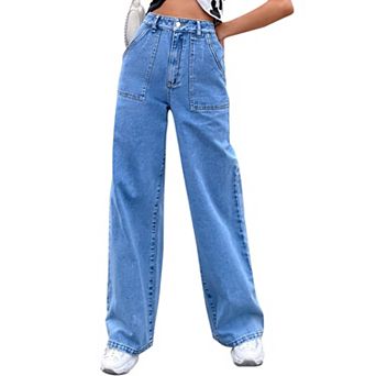 Women's Pants High Waisted Streight Jeans Stretch Loose Fit Casual Denim Pants with Pocket