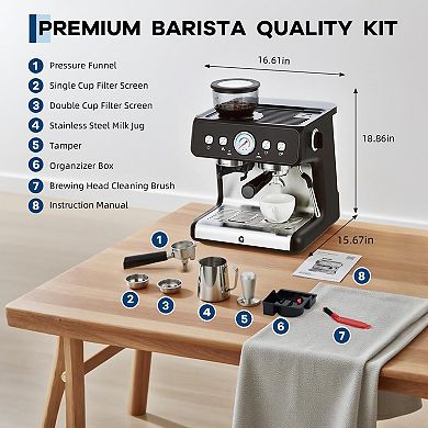 20-Bar Espresso Coffee Machine with Built-In Grinder, 2.8L Removable Tank