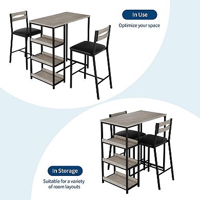 36" Counter Height Dining Table Set for 2 with Upholstered Bar Chairs and Storage Shelves