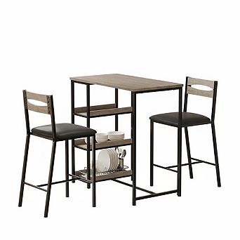 36" Counter Height Dining Table Set for 2 with Upholstered Bar Chairs and Storage Shelves