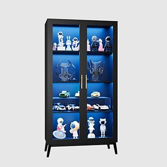 Display Cabinet,Multi-Color LED Ambient Lighting, 4-Story Large Storage Space,Transparent Glass Door