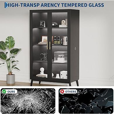 Display Cabinet,Multi-Color LED Ambient Lighting, 4-Story Large Storage Space,Transparent Glass Door