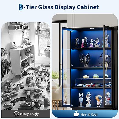 Display Cabinet,Multi-Color LED Ambient Lighting, 4-Story Large Storage Space,Transparent Glass Door