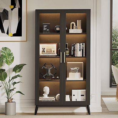 Display Cabinet,Multi-Color LED Ambient Lighting, 4-Story Large Storage Space,Transparent Glass Door