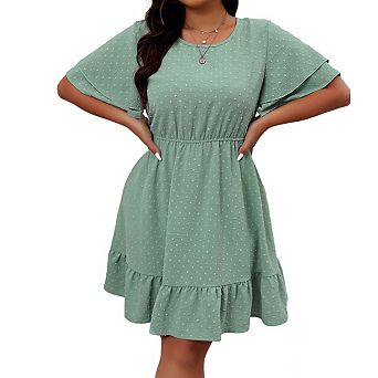 Women's Plus Size Swiss Dot Midi Dress with Double Layer Short Sleeves Elastic Waist and Ruffle Hem