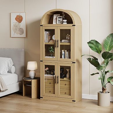 Bookcase, Arched Bookshelf with 2 Drawers, Tall Book Shelf with Glass Doors