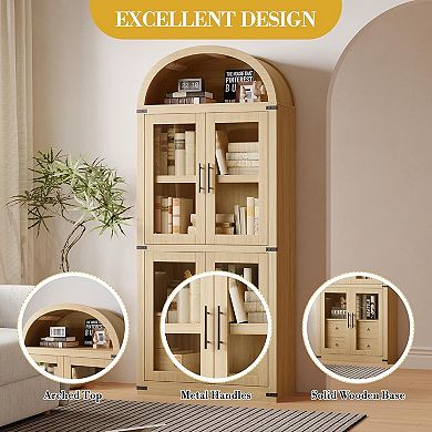 Bookcase, Arched Bookshelf with 2 Drawers, Tall Book Shelf with Glass Doors