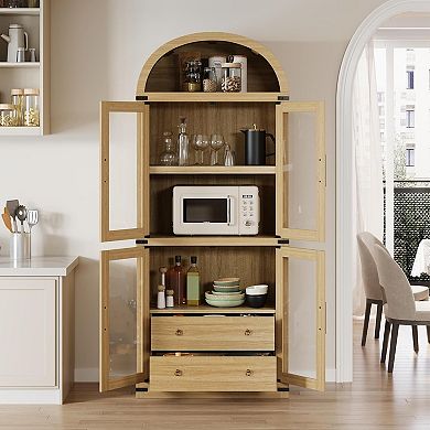Bookcase, Arched Bookshelf with 2 Drawers, Tall Book Shelf with Glass Doors