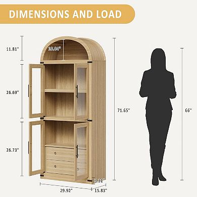 Bookcase, Arched Bookshelf with 2 Drawers, Tall Book Shelf with Glass Doors