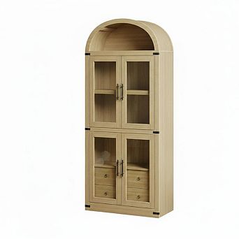 Bookcase, Arched Bookshelf with 2 Drawers, Tall Book Shelf with Glass Doors