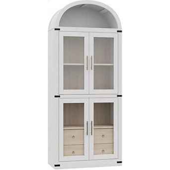 Bookcase, Arched Bookshelf with 2 Drawers, Tall Book Shelf with Glass Doors