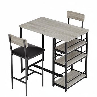 3 pc Dining Table Set for 2, Counter Height Bar Kitchen Table with 3 Storage Shelves