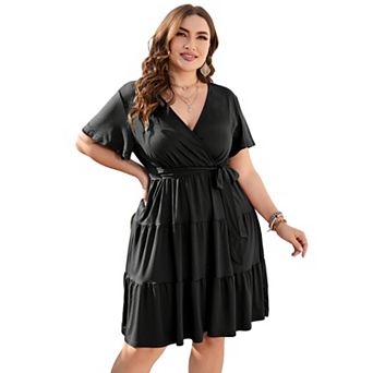 Plus Size Wrap Mini Dress - V-Neck Tie Waist Tiered Ruffle Dress for Women