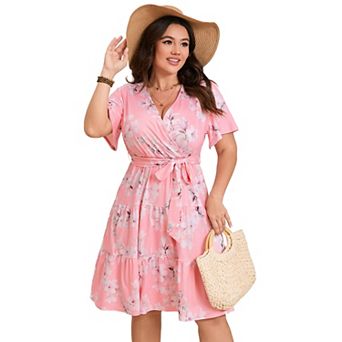 Plus Size Wrap Mini Dress - V-Neck Tie Waist Tiered Ruffle Dress for Women