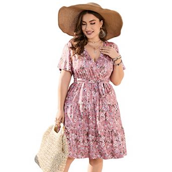 Plus Size Wrap Mini Dress - V-Neck Tie Waist Tiered Ruffle Dress for Women