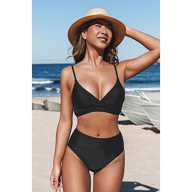 Women's Bikini Set Two Piece Swimsuit High Waisted V Neck Twist Front Spaghetti Straps Bathing Suit