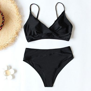 Women's Bikini Set Two Piece Swimsuit High Waisted V Neck Twist Front Spaghetti Straps Bathing Suit