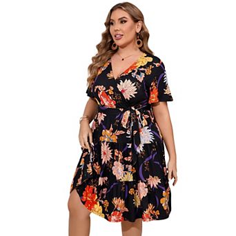 Women's Plus Size Wrap V Neck Mini Dress Short Sleeve Tie Waist Tiered Ruffle Dress
