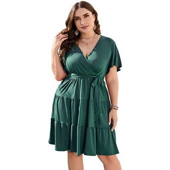 Women's Plus Size Wrap V Neck Mini Dress Short Sleeve Tie Waist Tiered Ruffle Dress