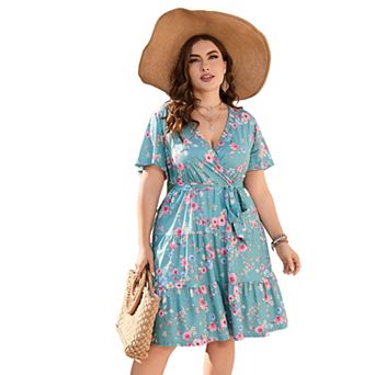 Women's Plus Size Wrap V Neck Mini Dress Short Sleeve Tie Waist Tiered Ruffle Dress