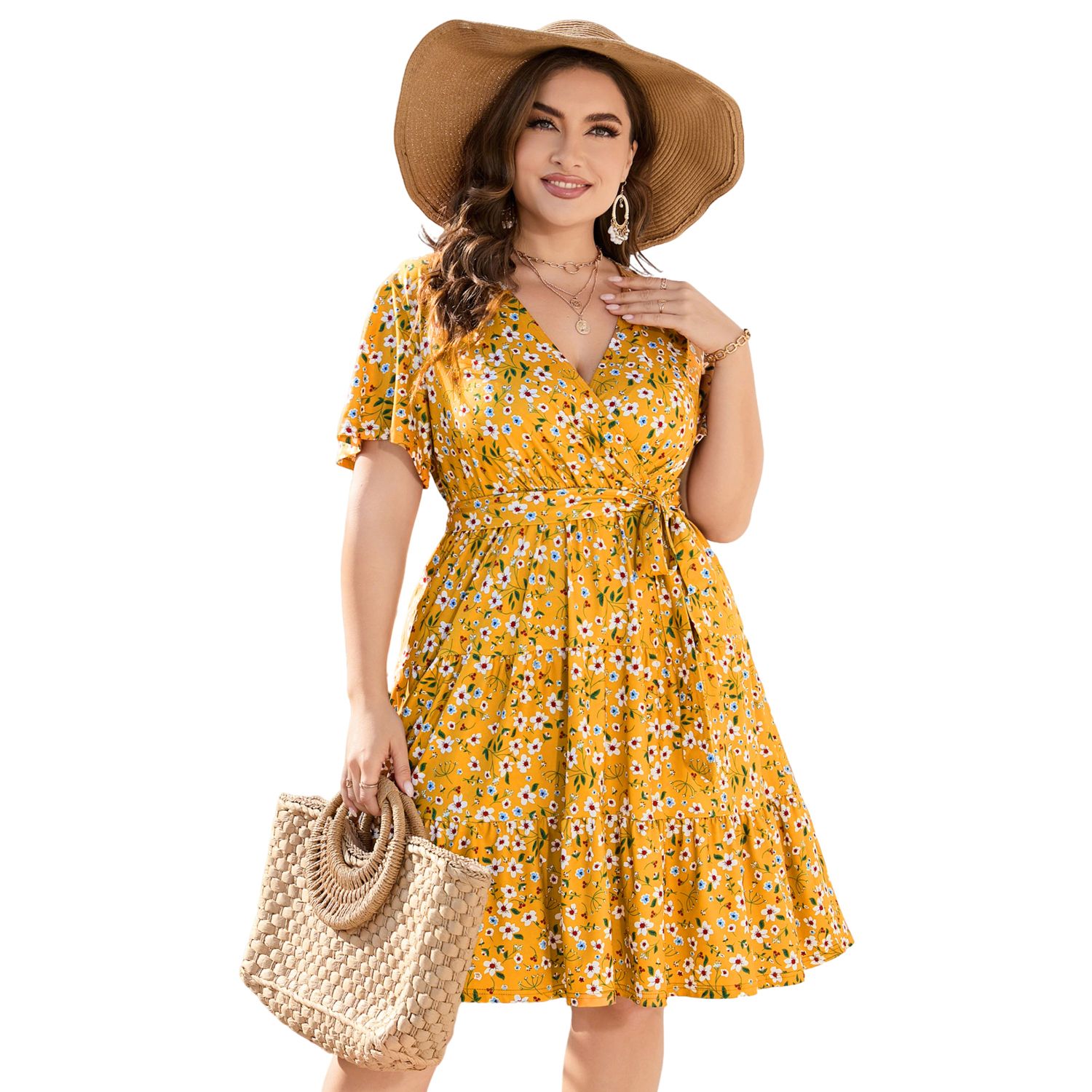 Женские платья Plus Size Wrap V Neck Mini Dress Short Sleeve Tie Waist Tiered Ruffle Dress