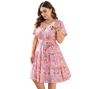 Women's Plus Size Wrap V Neck Mini Dress Short Sleeve Tie Waist Tiered Ruffle Dress