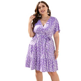 Women's Plus Size Wrap V Neck Mini Dress Short Sleeve Tie Waist Tiered Ruffle Dress