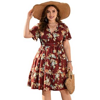 Women's Plus Size Wrap V Neck Mini Dress Short Sleeve Tie Waist Tiered Ruffle Dress